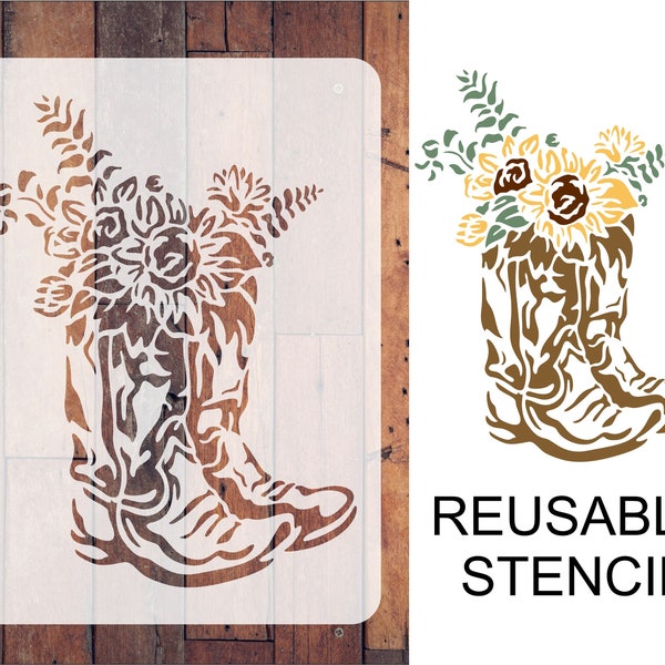 Cowboy Boots With Sunflowers Stencil  - Reusable - Paint Your Own Custom Wood Sign - Flower Stencil - Cowboy Boots Sign