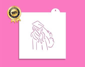 May include: A line drawing of a person wearing a graduation cap and gown. The drawing is in a pink color.