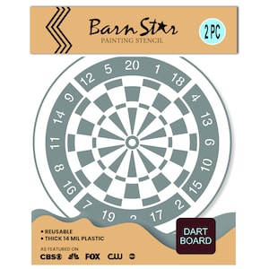May include: A white and gray plastic stencil of a dartboard with numbers 1 through 20, and the words "Barn Star" and "Painting Stencil".