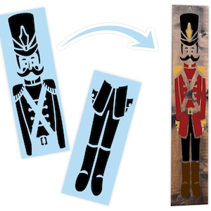 May include: A wooden, vertical nutcracker soldier with a red coat, black pants, and brown boots. The soldier has a black hat with gold accents and a large mustache. Two stencil cutouts of the soldier are shown in black on a light blue background.