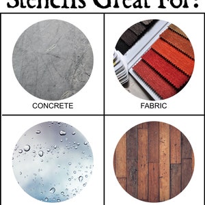 K&ouml;nnte beinhalten: Eine Grafik, die vier verschiedene Oberfl&auml;chen zeigt: Beton, Stoff, Glas und Holz. Die Grafik tr&auml;gt den Titel "Schablonen eignen sich hervorragend f&uuml;r:"