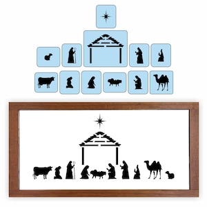 May include: A black and white silhouette nativity scene with a star on top of the stable. The scene includes a cow, a donkey, a sheep, a shepherd, a wise man, and Mary and Joseph kneeling before the baby Jesus.