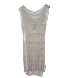 May include: A white sleeveless dress with a ruffled skirt and a layered design.