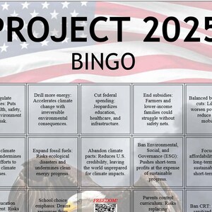 May include: A bingo card with a red, white, and blue American flag background. The card has 25 squares with text in each square. The text on the card is about political and social issues. The card is titled "Project 2025 Bingo".