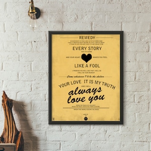 May include: A yellow and black printable poster with lyrics from the song "Remedy" by Adele. The lyrics include the phrases "Every Story", "Like a Fool", "Your Love is My Truth", and "Always Love You".