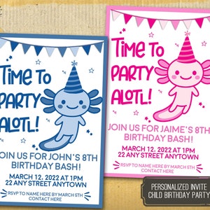 Axolotl Party Invitation, Axoltol party invitation pink, Axolotl party invitation blue, Axolotl birthday party