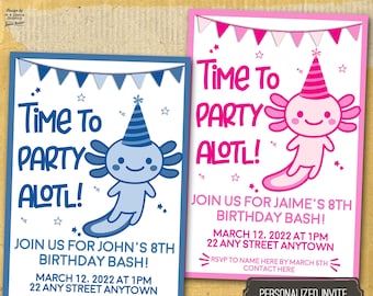 Axolotl Party Invitation, Axoltol party invitation pink, Axolotl party invitation blue, Axolotl birthday party