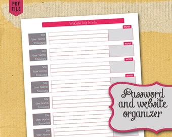 Website password and log in tracker, Password and website organizer, Password and website planner page, Password keepter, Password tracker