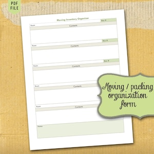 May include: A printable moving inventory organizer form with sections for room, contents, and box number. The form has five sections for listing items and a notes section at the bottom.