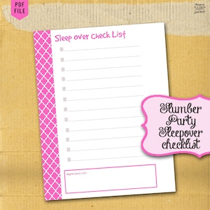 Slumber party checklist, Sleep over checklist, Child Checklist, Child organizer, Checklist for child, Unique planner page
