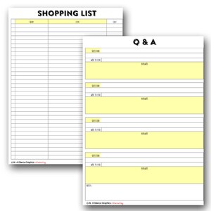 May include: A printable shopping list and Q&A template. The shopping list has columns for item, row, and cost. The Q&A template has sections for questions to ask and answers.