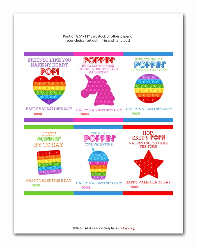 Puede incluir: Tarjetas de San Valent&iacute;n imprimibles con juguetes pop-it coloridos y mensajes divertidos como "&iexcl;Los amigos como t&uacute; hacen que mi coraz&oacute;n lata!" y "&iexcl;Eres un San Valent&iacute;n genial!"