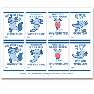 Puede incluir: Tarjetas de San Valent&iacute;n imprimibles con lindas ilustraciones de ajolote con frases divertidas como "You're Alotl Fun, Valentine!" y "You Make Me Smile Alotl!" Las tarjetas est&aacute;n dise&ntilde;adas para imprimirse en cartulina o papel de 8.5 x 11 pulgadas, recortarse, rellenarse y entregarse.