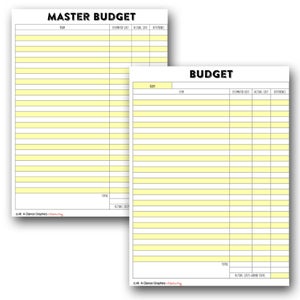 May include: Two printable budget worksheets with yellow highlighted rows. The first worksheet is titled "Master Budget" and the second is titled "Budget". Both worksheets have columns for item, estimated cost, actual cost, and difference.