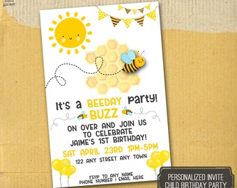 Bee child birthday party invitation,  bee birthday party, bee DIY party invite