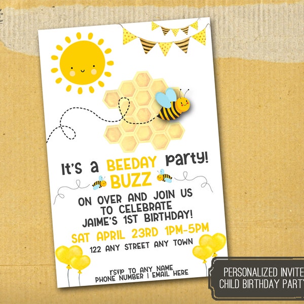 Bee child birthday party invitation,  bee birthday party, bee DIY party invite