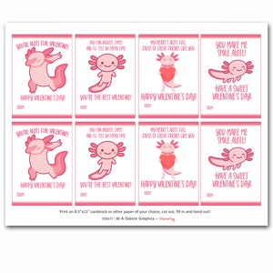 Puede incluir: Ocho tarjetas de San Valent&iacute;n imprimibles con un ajolote rosa y diferentes mensajes. Las tarjetas son rosas con texto blanco y est&aacute;n dise&ntilde;adas para ser recortadas y entregadas a amigos.