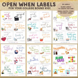 May include: A collection of 84 printable labels titled Open When Labels for Your College Bound Kid, featuring various colorful text prompts and illustrations for different occasions, holidays, and specific needs, organized in a grid layout on a page.