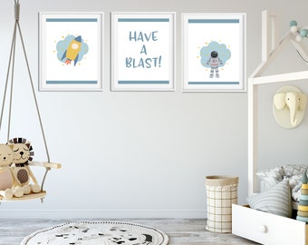 Arte murale per cameretta dei bambini con spazio, arte murale per cameretta dei bambini con spazio esterno, set di arte murale per cameretta dei ragazzi, stampa artistica di astronauti, stampa artistica di razzi, regalo per baby shower