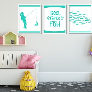 Reel girls fish wall art set, Girls room 3 set art print, Fishing wall art, Outdoors wall art, Country girl wall art, Fishing lover wall art