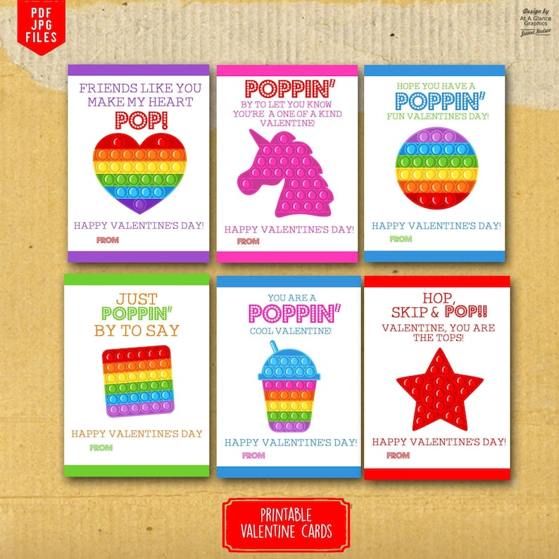 Puede incluir: Seis tarjetas de San Valent&iacute;n imprimibles con juguetes pop-it coloridos con diferentes mensajes. Los mensajes incluyen "&iexcl;Los amigos como t&uacute; hacen que mi coraz&oacute;n haga pop!" y "&iexcl;Eres un Valent&iacute;n genial!"