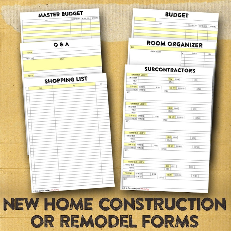 May include: A set of printable forms for new home construction or remodel projects. The forms include a master budget, a shopping list, a Q&A section, a room organizer, and a subcontractor list.