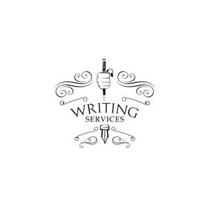 May include: Black and white logo for writing services. A hand holds a pen with an inkwell below. The text "Writing Services" is displayed in a decorative font.