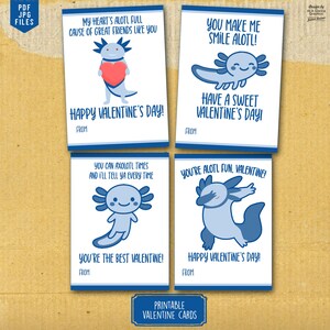 Puede incluir: Cuatro tarjetas de San Valent&iacute;n imprimibles con un ajolote con diferentes juegos de palabras. Las tarjetas son azules y blancas con el texto "My heart's alotl full cause of great friends like you", "You make me smile alotl!", "You can axolotl times and I'll tell ya every time", y "You're alotl fun, Valentine!"