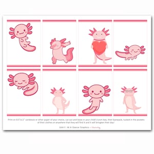 Puede incluir: Ocho tarjetas imprimibles con ilustraciones de ajolotes rosas. Cada tarjeta tiene una pose de ajolote diferente, incluyendo una que sostiene un coraz&oacute;n. Las tarjetas est&aacute;n dise&ntilde;adas para ser recortadas y regaladas.