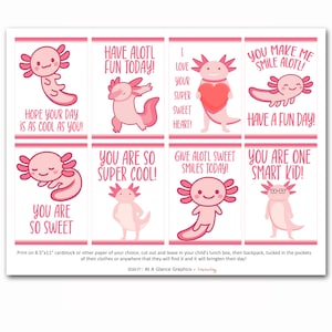 Puede incluir: Nueve tarjetas imprimibles con ilustraciones de ajolotes rosas con mensajes alentadores. Las tarjetas incluyen frases como "Have Alotl Fun Today!" y "You Are So Super Cool!"