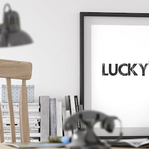 Lucky wall art print,  Positive wall art, word wall art, Distressed wall art, Industrial stykle decor, number 7 wall art,