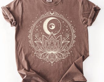 Celestial Lotus Shirt: Moon and Stars Boho Yoga Tee, Witchy Gift