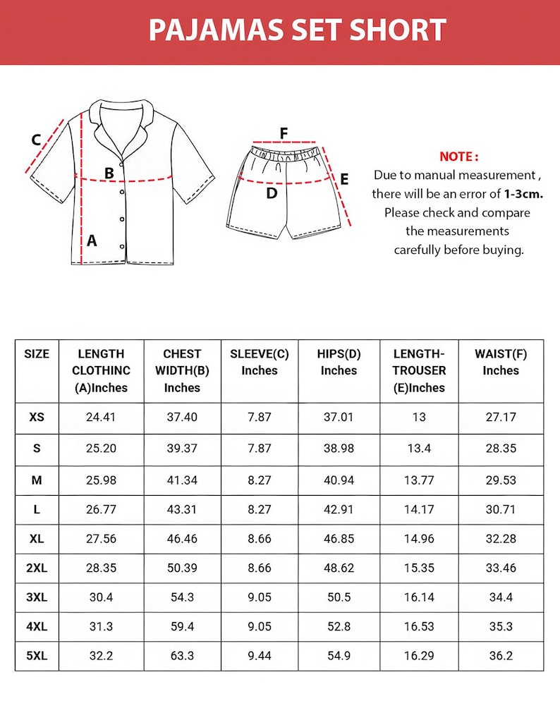 K&ouml;nnte beinhalten: Diagramm eines kurzen Schlafanzug-Sets mit Ma&szlig;en in Zoll. Das Set beinhaltet ein Hemd mit Kn&ouml;pfen und Shorts. Das Bild enth&auml;lt auch eine Gr&ouml;&szlig;entabelle mit Ma&szlig;en f&uuml;r L&auml;nge, Brustweite, &Auml;rmel, H&uuml;fte, Hosenl&auml;nge und Taille.
