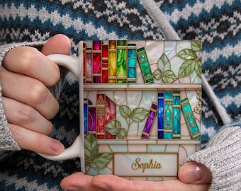 Personalized Stained Glass Bookshelf Ceramic Mug – Custom Book Lover Gift