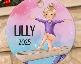 Personalized Gymnastics Christmas Ornament, Custom Name Hair & Uniform Color, Ceramic Keepsake Gift for Girl