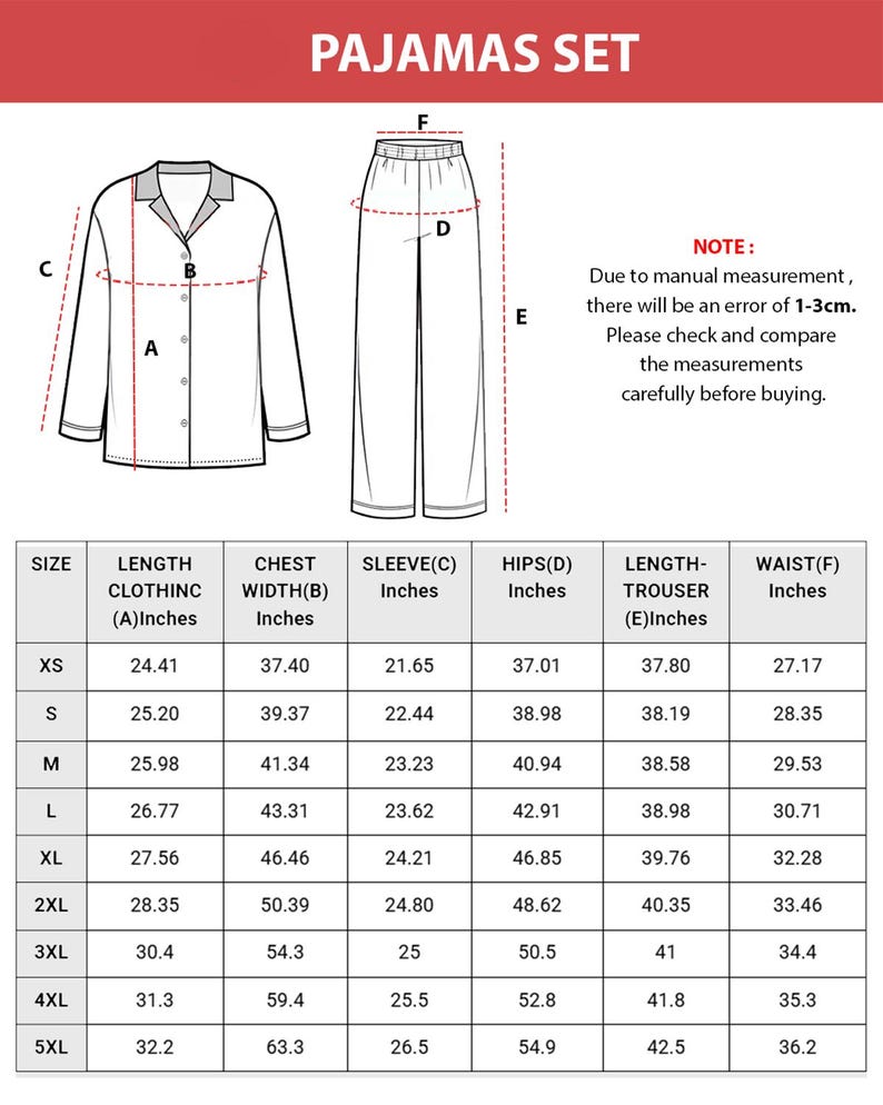 K&ouml;nnte beinhalten: Diagramm eines Pyjama-Sets mit Ma&szlig;en in Zoll. Das Set beinhaltet ein Hemd mit Kn&ouml;pfen und eine Hose. Ma&szlig;e f&uuml;r L&auml;nge, Brustweite, &Auml;rmel, H&uuml;fte und Taille sind f&uuml;r die Gr&ouml;&szlig;en XS bis 5XL angegeben. Hinweis: 1-3cm Messfehler.