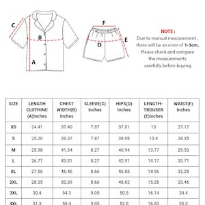 以下が含まれることがあります： インチ単位の測定値を持つショートパジャマセットの図。 セットには、ボタンダウンシャツとショーツが含まれています。 上部のテキストは「PAJAMAS SET SHORT」と表示されています。 表には、衣類のサイズと測定の詳細が記載されています。