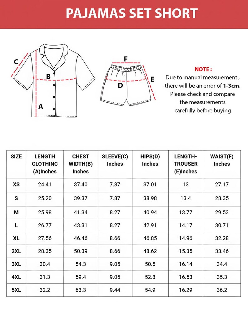 以下が含まれることがあります： インチ単位の測定値を持つショートパジャマセットの図。 セットには、ボタンダウンシャツとショーツが含まれています。 上部のテキストは「PAJAMAS SET SHORT」と表示されています。 表には、衣類のサイズと測定の詳細が記載されています。