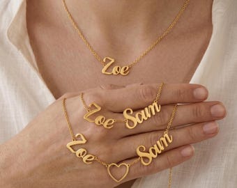 Personalized Gold Name Necklace, Custom Cursive Script Jewelry, Couple Heart Charm
