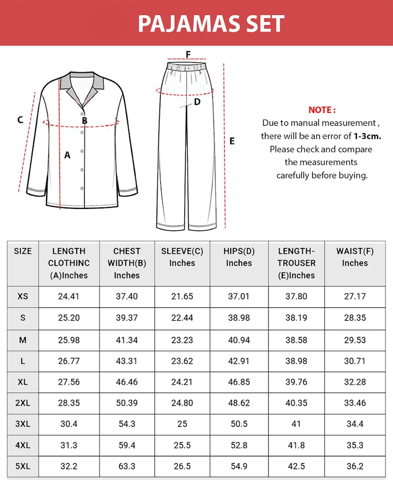 以下が含まれることがあります： パジャマセットの図。インチ単位の寸法が記載されています。セットには、ボタンダウンシャツとパンツが含まれています。サイズ表には、長さ、胸囲、袖丈、ヒップ、ウエストの寸法が表示されています。上部のテキストは「PAJAMAS SET」と表示されています。