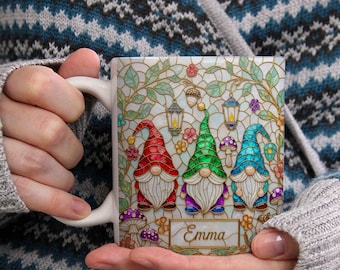 Personalized Gnome Family Ceramic Mug, Stained Glass Coffee Cup, Gift for Gardeners