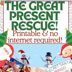 May include: A printable Christmas game called "The Great Present Rescue!" with a green and white colour scheme. The game includes a word search, a crossword puzzle, a bingo card, and a secret Santa bingo card. The game is designed to be played without internet access.