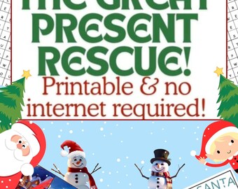 May include: A printable Christmas game called "The Great Present Rescue!" with a green and white colour scheme. The game includes a word search, a crossword puzzle, a bingo card, and a secret Santa bingo card. The game is designed to be played without internet access.