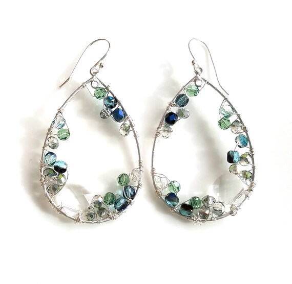Large Silver Teardrop Hoop Blue Green Crystal Earrings / Blue | Etsy