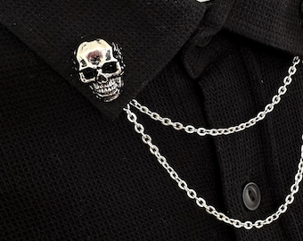Broche de cuello con calavera: Broches de doble cadena con cabeza de esqueleto para camisas, joyería gótica punk.