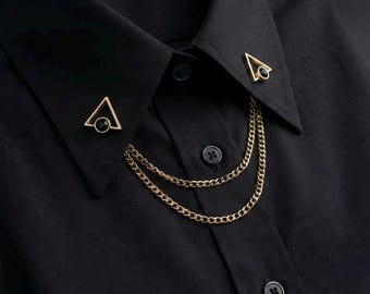 Double Chain Collar Pin: Gold Triangle Elegant Shirt Brooch for Men or Women