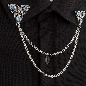 Blue Rhinestone Collar Pin: Silver Chain Brooch, Gothic Steampunk Style
