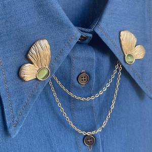 Juego de alfileres de collar con doble cadena dorada, broche floral para camisa, puntas de cuello desmontables estilo vintage, joya de solapa llamativa para hombre y mujer.