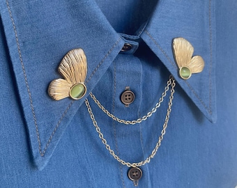 Gold Floral Collar Chain Pin with Green Stone