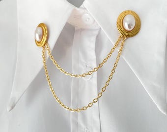 Gold Doppel Kette Kragen Pin: Edelstahl Revers Brosche